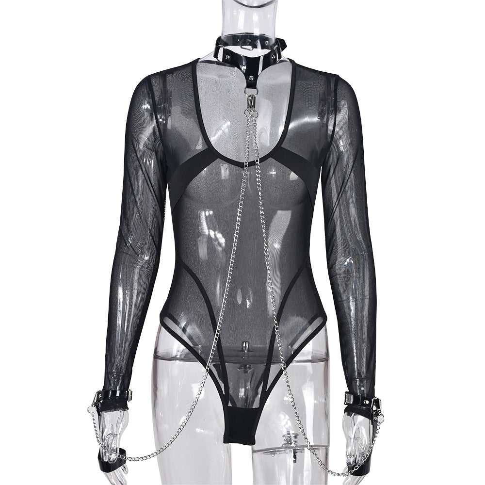 Sheer Mesh PU Heavy Industry Metal Women's Clothing