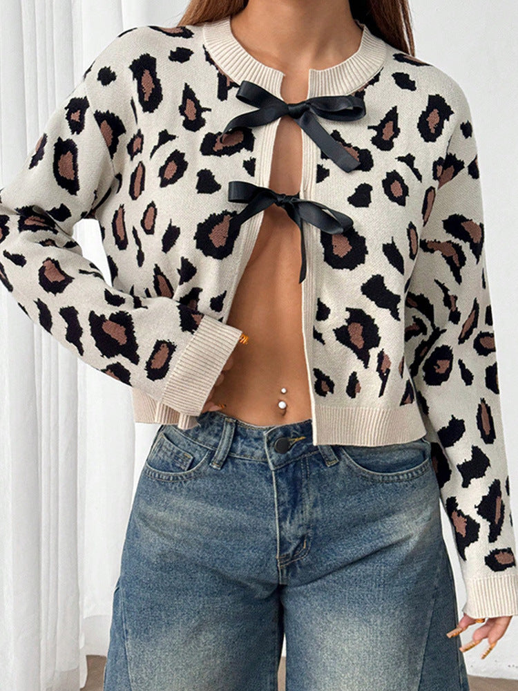 Dot Print Cardigan Bow Lace-up Sweater