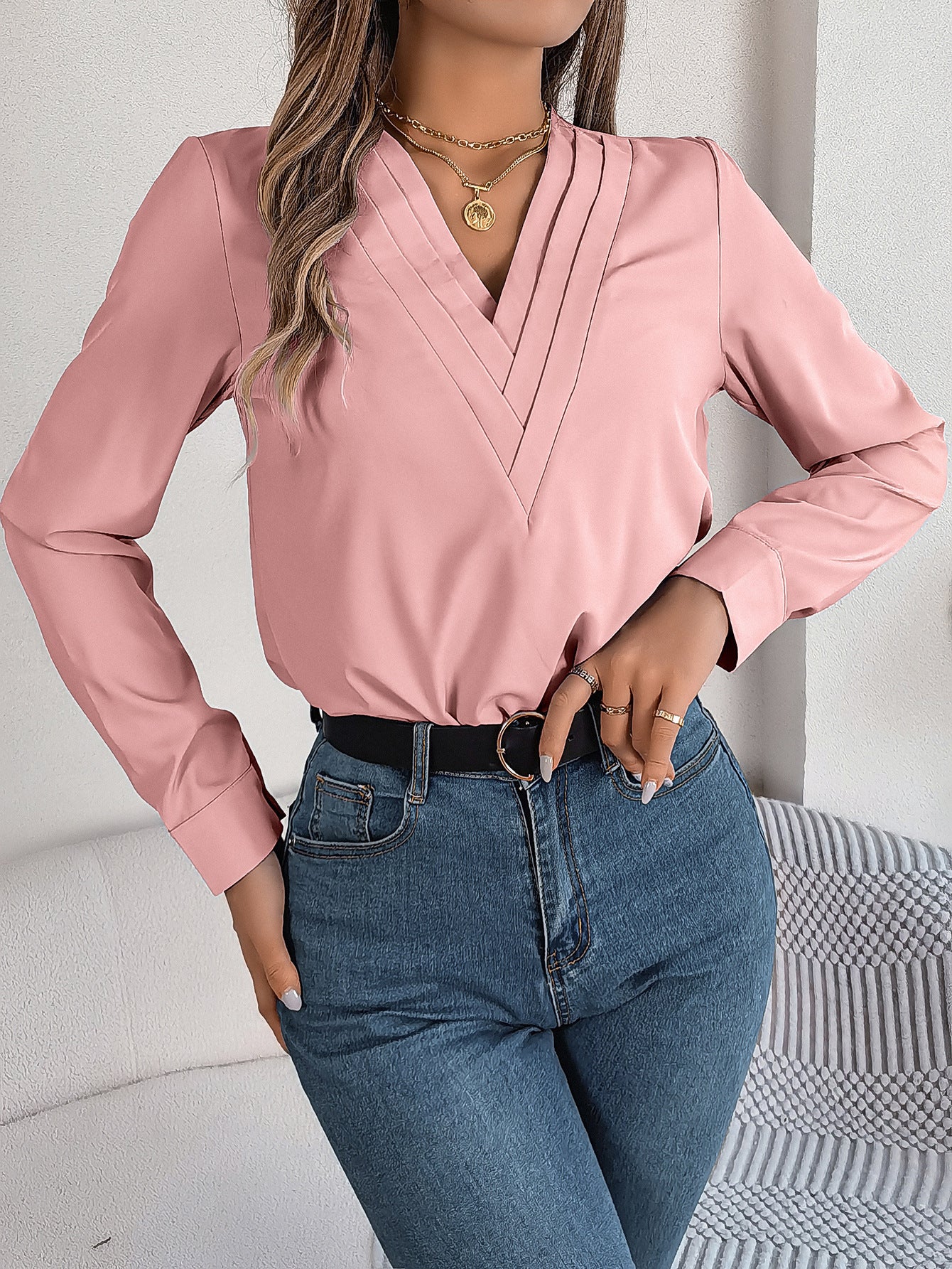 Fashion V-Neck à manches longues Shirt Elegant Commuter Blouse Solid Blouse Bureau Vêtements pour femmes