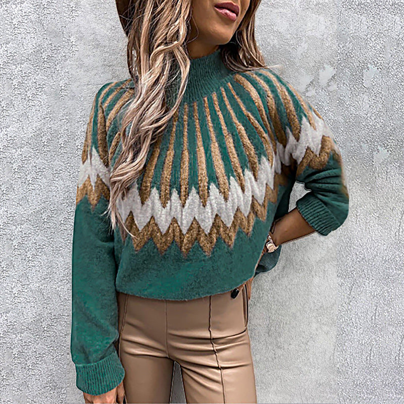 Printed Turtleneck Long Sleeve Loose Casual Knit Sweater