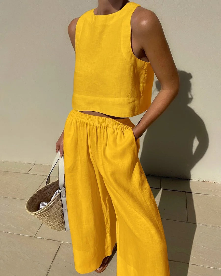 Loose Solid Color Sleeveless Shirt And Trousers Two-piece Set