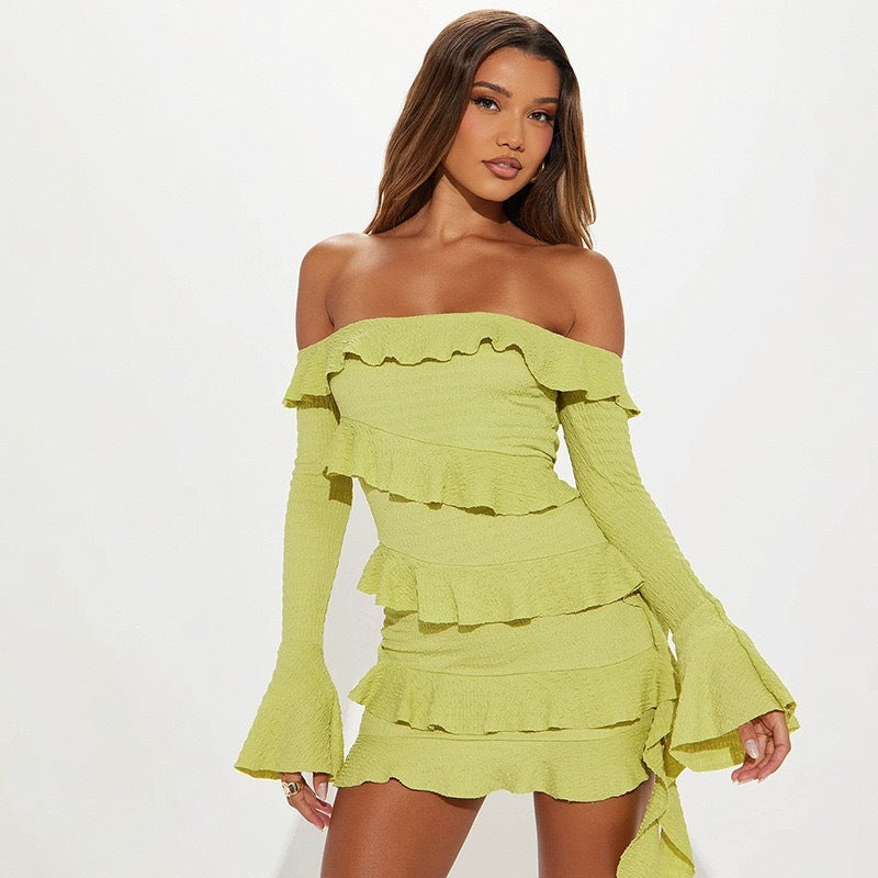 Long Sleeve Bell Sleeve Off-shoulder Ruffled Ribbon Short Dress