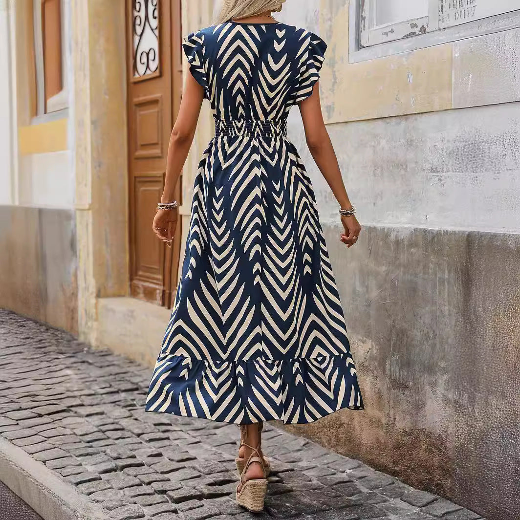 Eleganter Stil bedruckt kurzarm Kleid Schnüre-up Long Saum