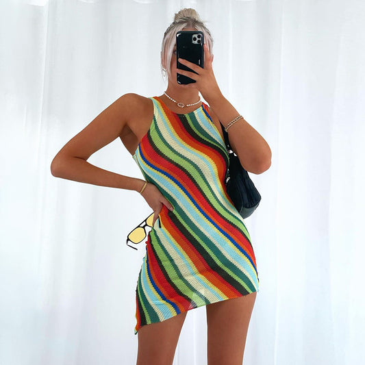 Fashion Slim Sleeveless Round Neck Striped Striped Dress Women