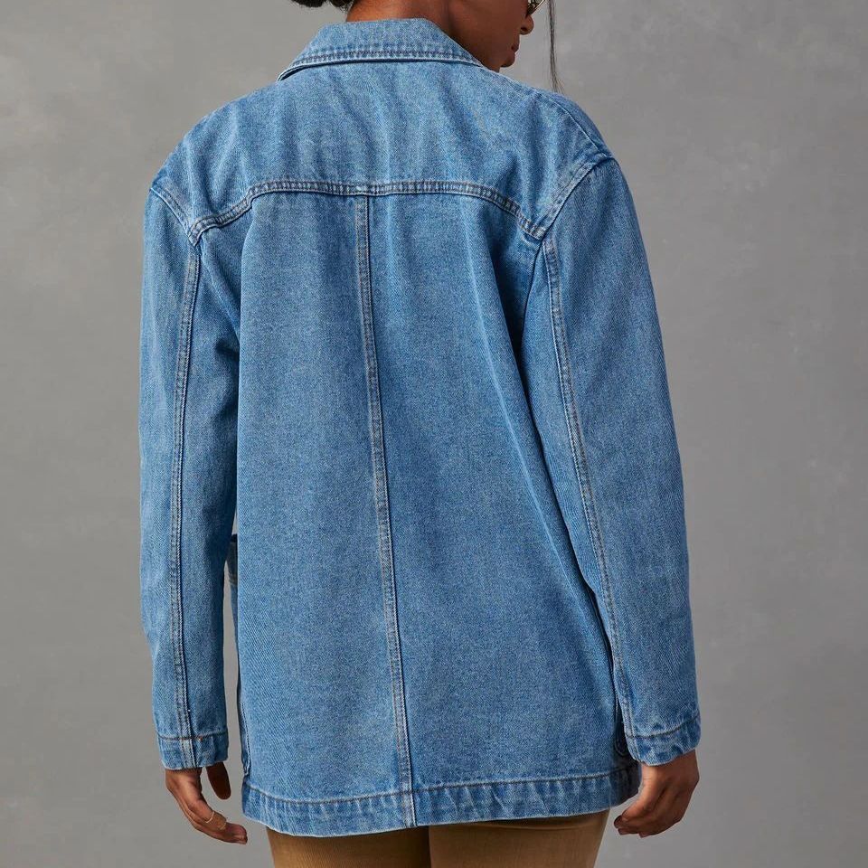 Veste de costume de femme en denim bleu lavé