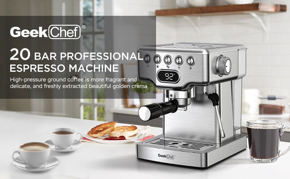 Macchina per caffè espresso Geek Chef, macchina per caffè espresso da 20 bar con montalatte per latte, cappuccino, macchiato, per macchina per caffè espresso domestica, serbatoio dell'acqua da 1,8 l, acciaio inossidabile, divieto su Amazon