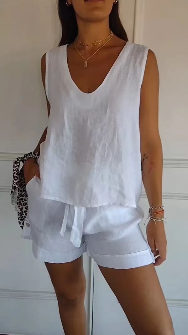 Women's Summer Casual Solid Color Cotton And Linen V-neck Sleeveless Vest