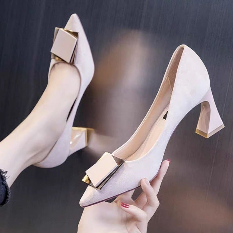 Nude Thick Heel Mid-heel Work Versatile Pointed French Temperament Women's High Heels