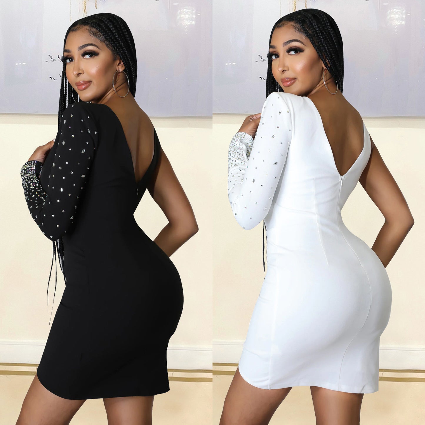 Women's Fashion Tight Rhinestone One-shoulder Dress