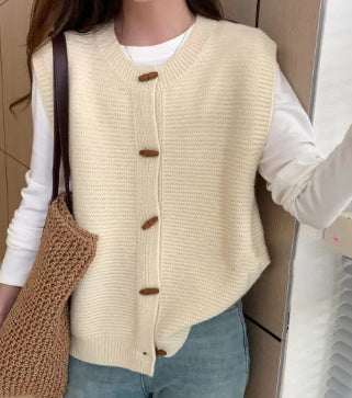 Horn Button Knitted Coat Sleeveless Vest For Women