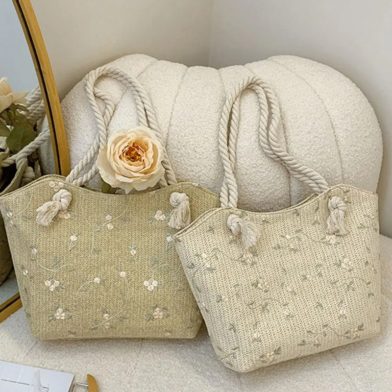 Nuova e semplice borsa di paglia borsa di pizzo Ins borsa a tracolla di paglia grande capacità fiore moda donna borsa a mano