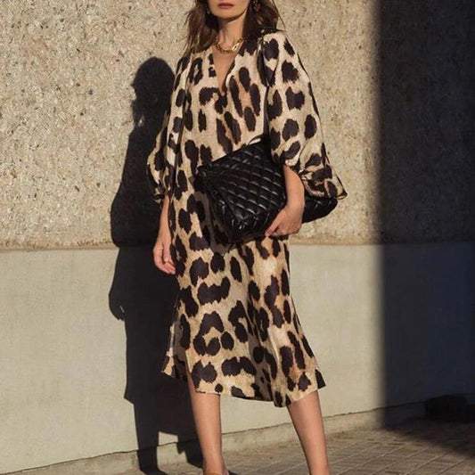 Long V-Neck Loose Balloon Sleeve Leopard Dress