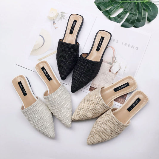 Pointed braided breathable flat half slippers