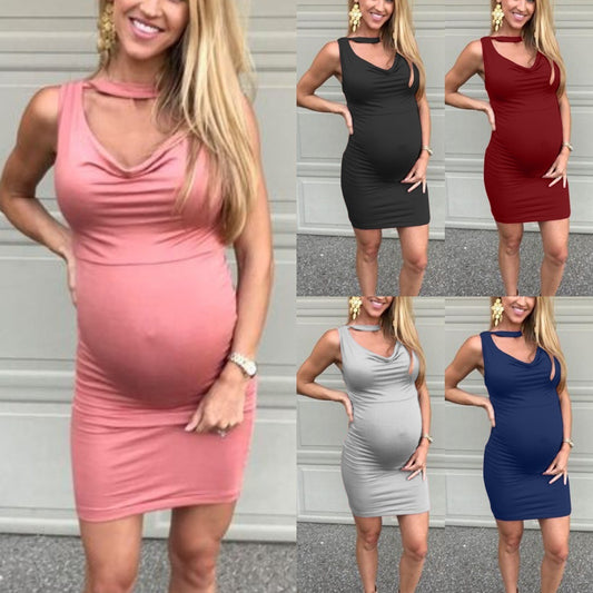 V-neck sleeveless vest solid color maternity dress