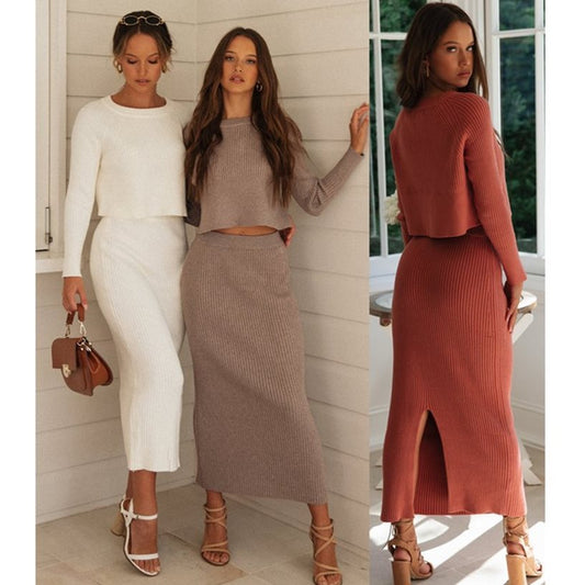 Fashion knitting split 3 color sweater dress long skirt