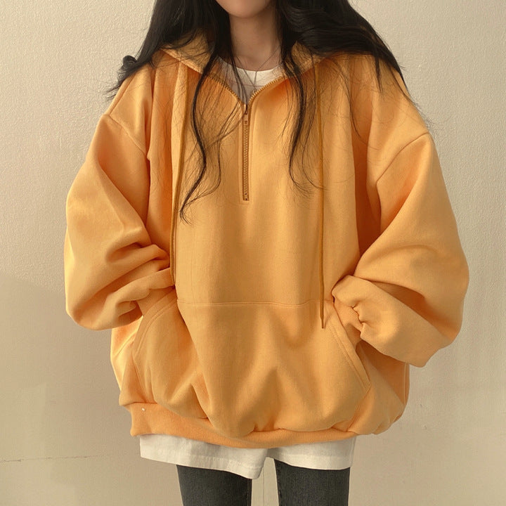 Autumn And Winter Fleece-lined Pullover Zipper Hooded Sweater For Women