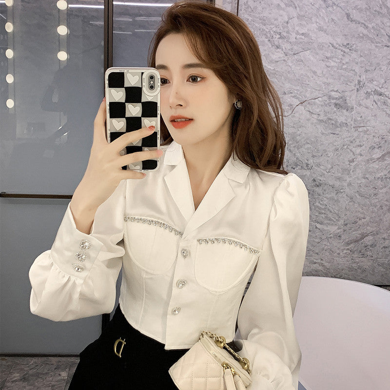 French Temperament Bubble Sleeve White Satin Shirt Woman