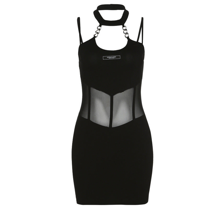 Black Mysterious Sexy Stitching Tight Party Queen High Street Strappy Hip Dress