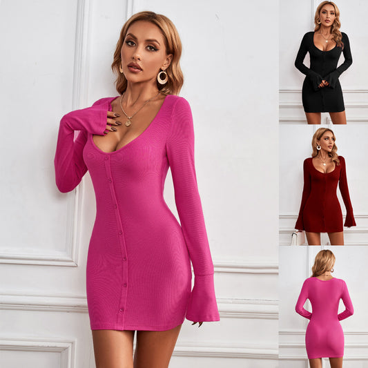 Mode einreißige U-Neck, langärmeliges Kleid sexy schlankes Hüft-Hug-Hug-Hub-Kleidungskleidung