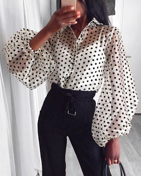 Polka dot mesh yarn bubble sleeve lapel long sleeve shirt