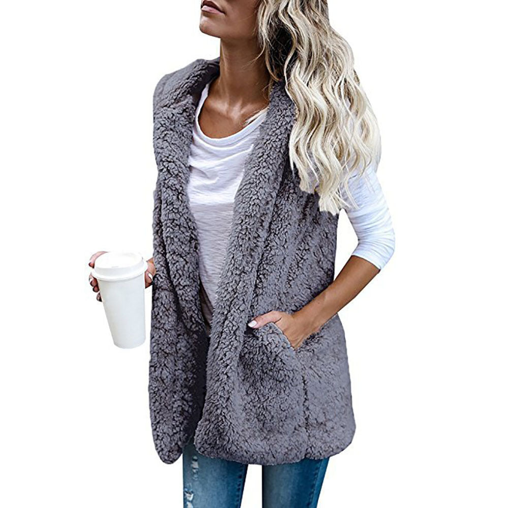 Fashion Solid Color Sleeveless Hooded Pocket Cashmere Vest