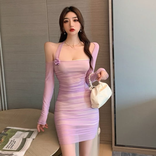 Off-the-shoulder Long-sleeve Slim-fit Stretch-mesh Dress