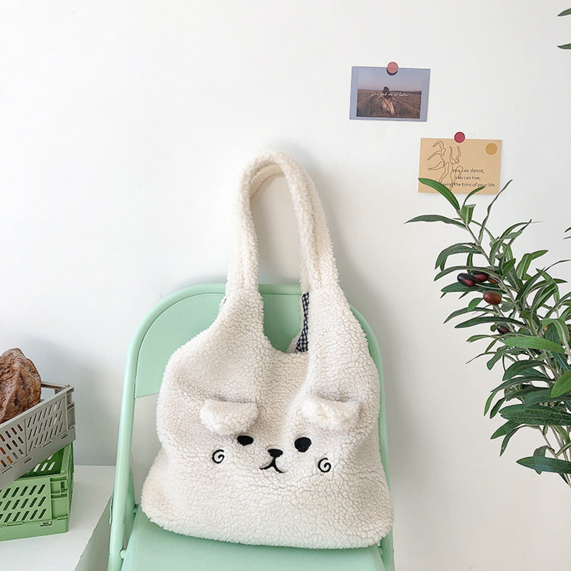 Lamb Wool Large Capacity Plush Embroidery Shopping Bag