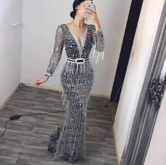 Explosive Long-sleeved Sequined Fringed Dress