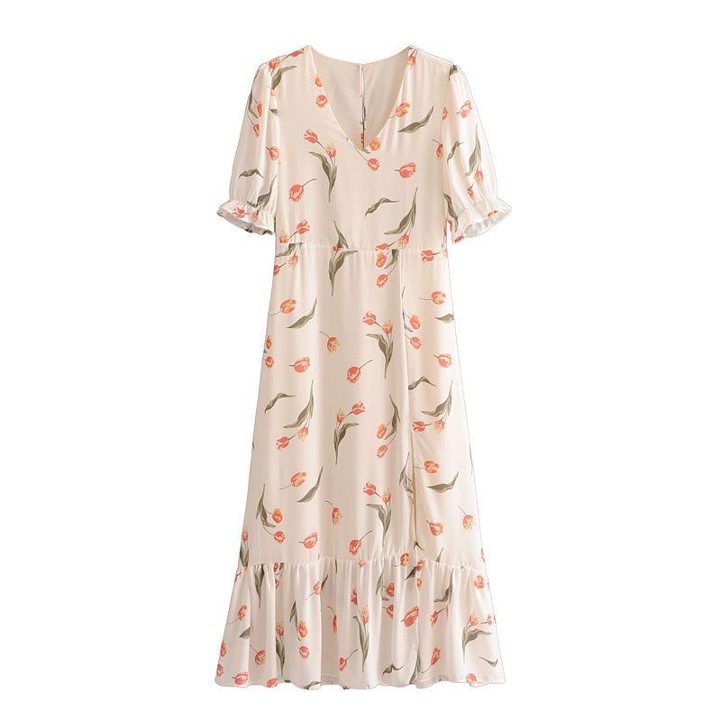 Printed French V-neck dress