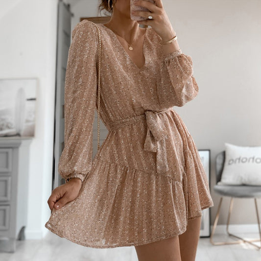 Ladies Floral V-Neck Long Sleeve Lace Up Dress