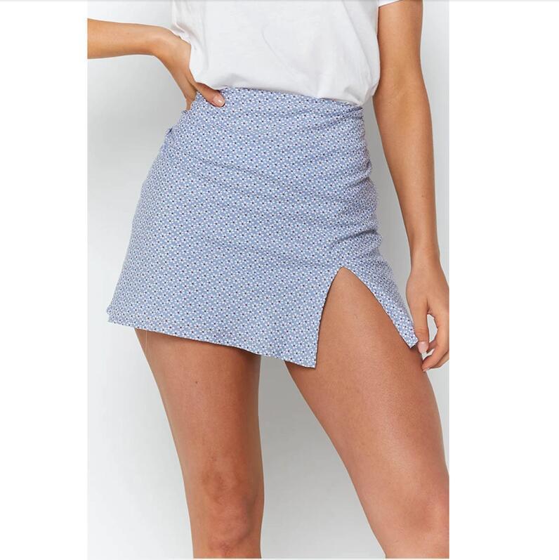 European And American Summer Cross-border Foreign Trade New Small Blue Floral Side Split Hip Skirt