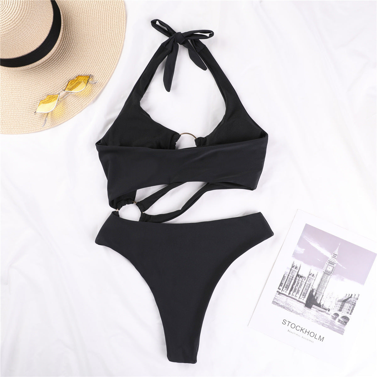 Solid Color Sexy Big Steel Ring Female One-Piece Swimsuit Swimsuit Bikini