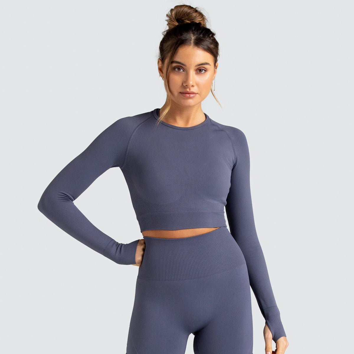 Knitted Seamless Fitness Yoga Suit Women'S Fashion Solid Long Sleeve