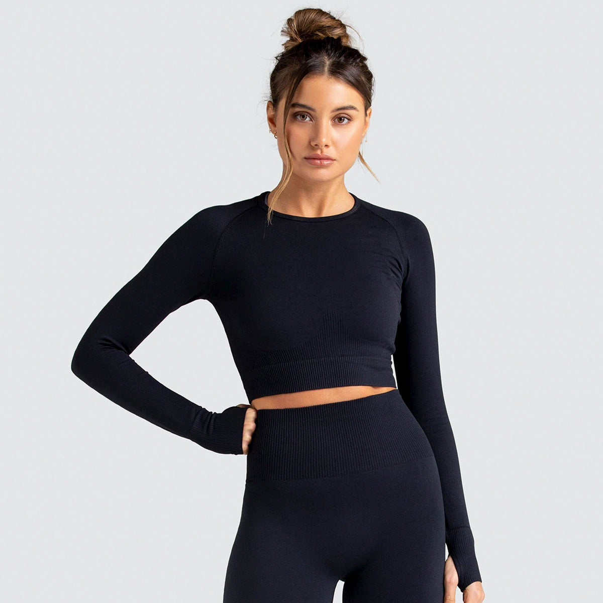 Knitted Seamless Fitness Yoga Suit Women'S Fashion Solid Long Sleeve