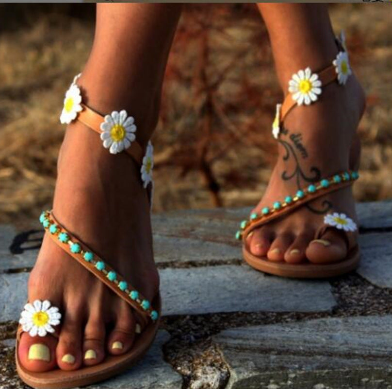 2021wish sizzling national wind foreign trade large size flat bottom rhinestone handmade female sandals toe casual flowers