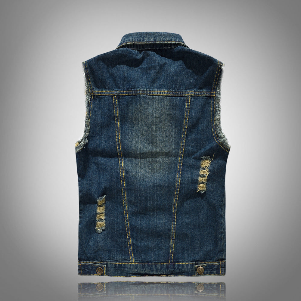 Men'S Korean Slim Trend Men'S Denim Vest Large Size Foreign Trade Locomotive Waistcoat Waistcoat Hole Men'S Vest