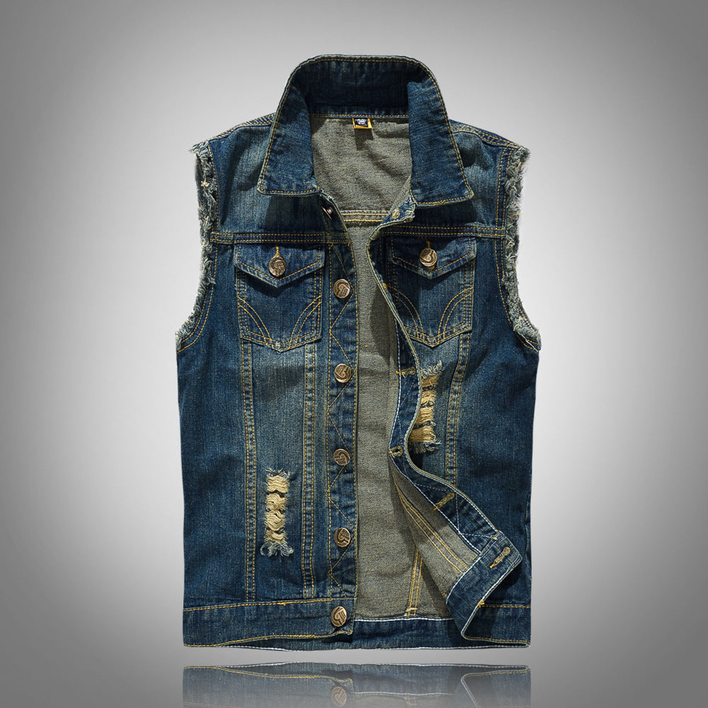 Men'S Korean Slim Trend Men'S Denim Vest Large Size Foreign Trade Locomotive Waistcoat Waistcoat Hole Men'S Vest