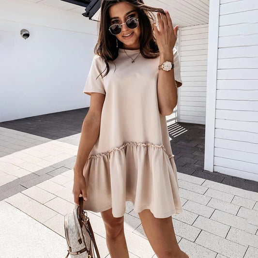 Summer Foreign Trade Casual Urban Casual Women'S Round Neck Ruffle Skirt Short Sleeve Dress