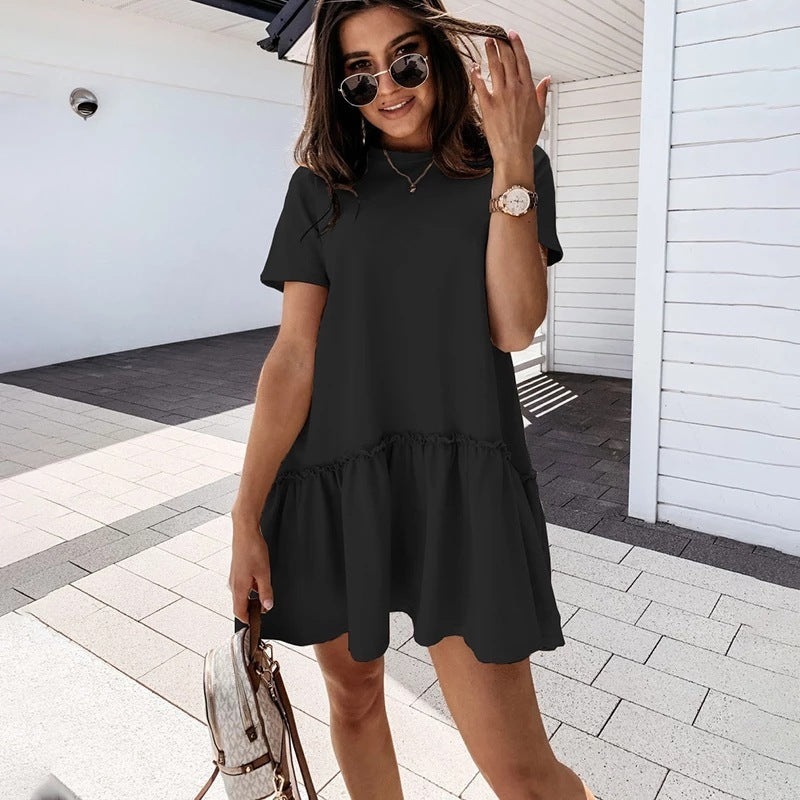 Summer Foreign Trade Casual Urban Casual Women'S Round Neck Ruffle Skirt Short Sleeve Dress