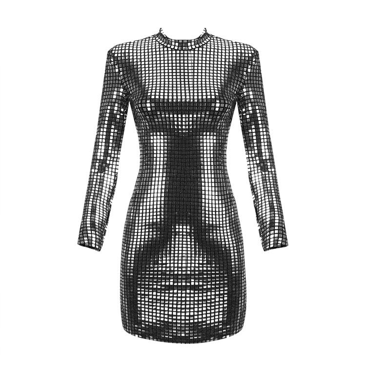 Silver Sequined Long Sleeve Fashion Dress