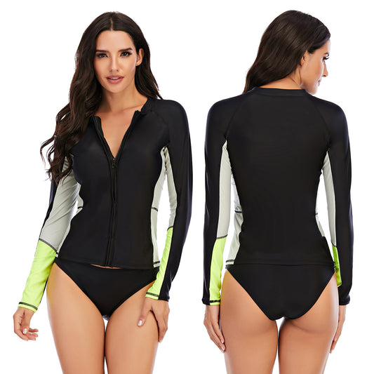 Swimsuit Long-Sleeve Tankini-Set Rash-Guard Surfing Sun-Protection Zipper Two-Piece Womens