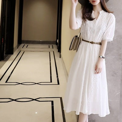 Embroidered Elastic Waist Small White Dress Women