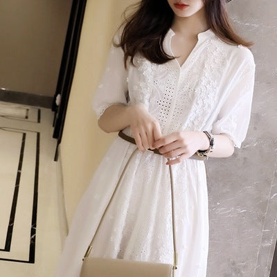 Embroidered Elastic Waist Small White Dress Women