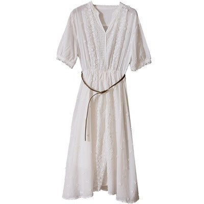 Embroidered Elastic Waist Small White Dress Women