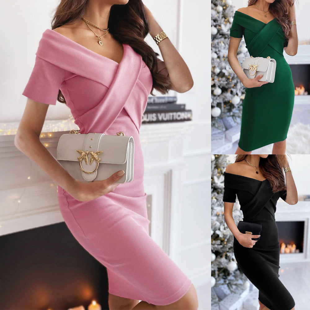 European And American Summer New Dress V-neck Cross-lapel Tight-fitting Waist Short-sleeved Dress