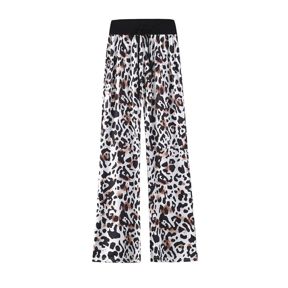 Leopard Print Stretch Drawstring Wide Leg Pants Women