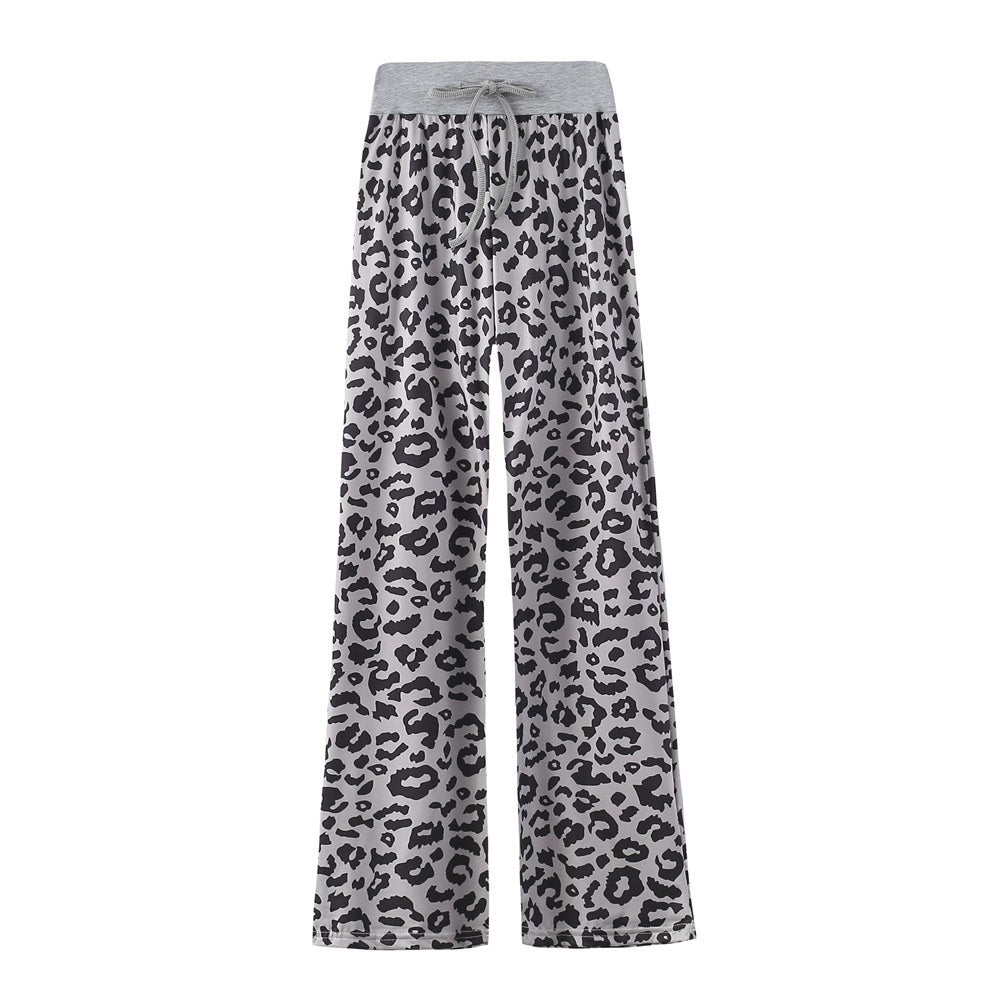 Leopard Print Stretch Drawstring Wide Leg Pants Women