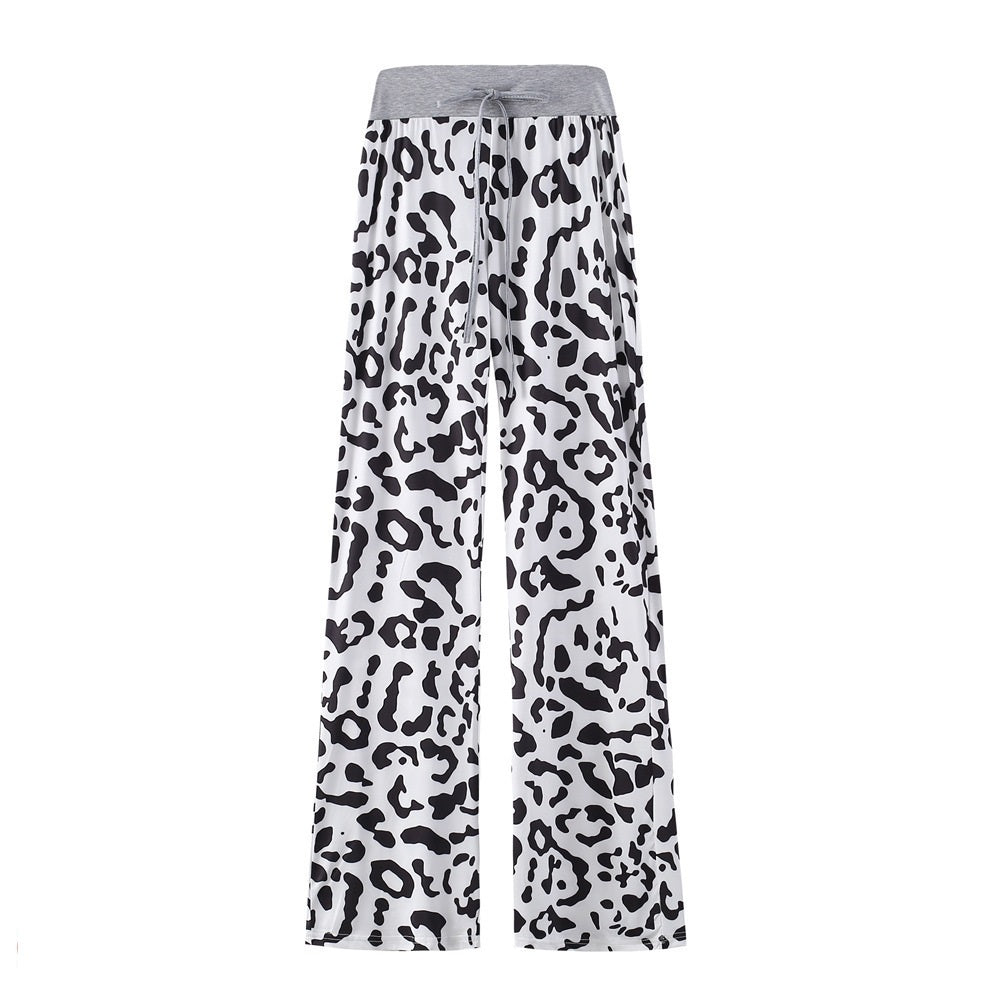 Leopard Print Stretch Drawstring Wide Leg Pants Women