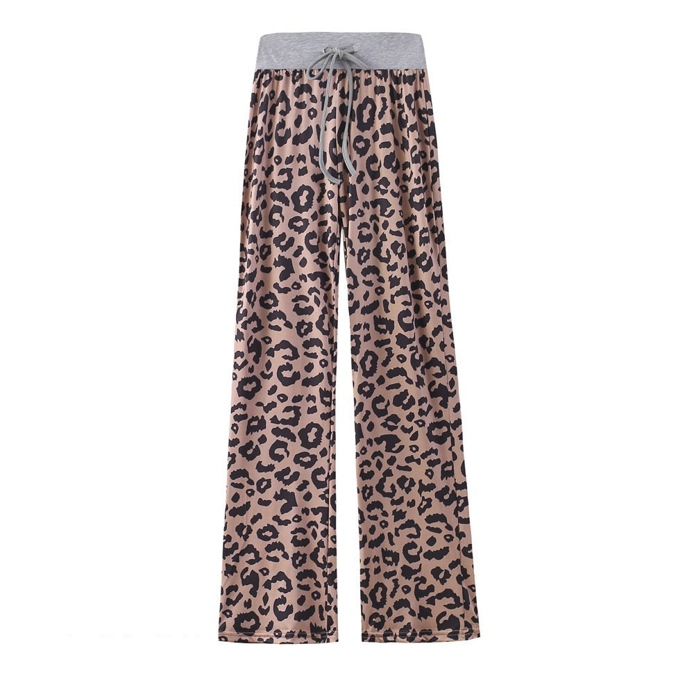 Leopard Print Stretch Drawstring Wide Leg Pants Women