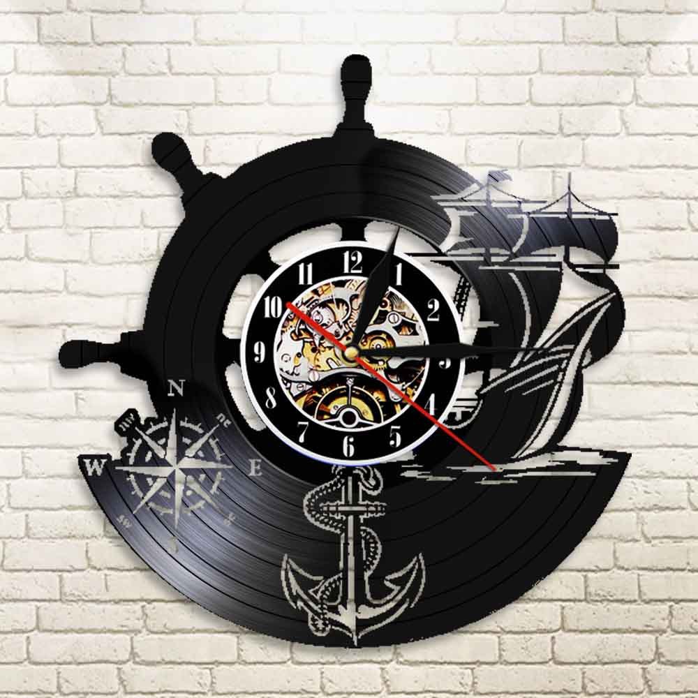 Vintage nostalgische Kunstwand Vinyl Wanduhr Yachtschiff Wheelanker Anker Nautische Vinylaufnahme Wanduhr Wohnkultur